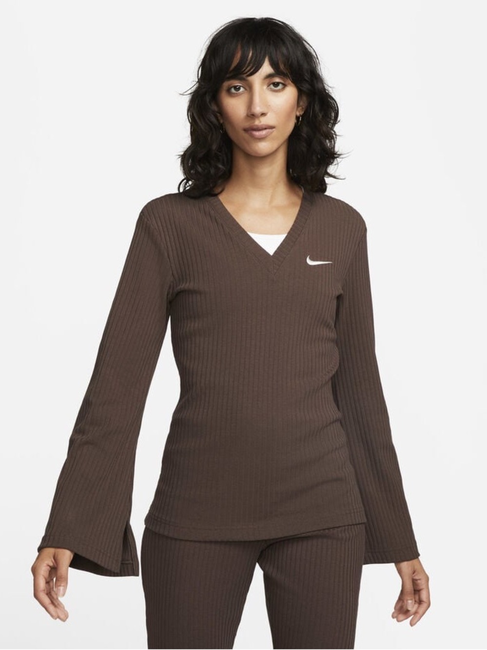 Nike Women's Brown Ribbed V-Neck Long Sleeve Top with Flared Cuffs